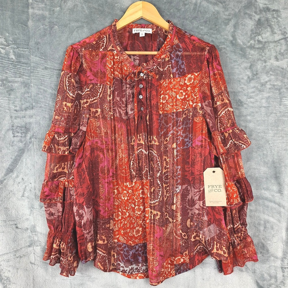 FRYE AND CO. Patchwork Floral Paisley Tie-Neck Blouse in Red and Burgundy